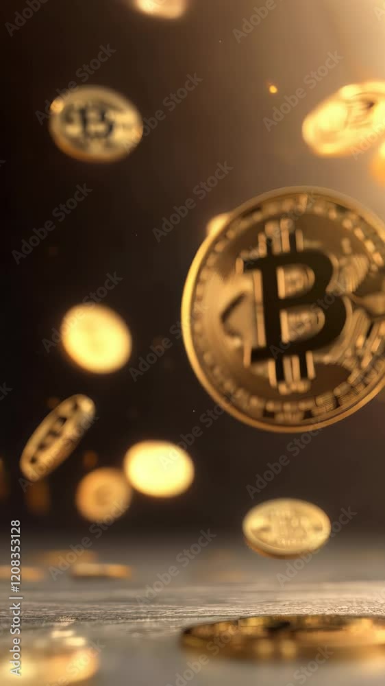Poster Many golden bitcoin cryptocurrency coins are rotating and falling on a wooden table, creating a dynamic visual representation of investment, finance, and the digital economy