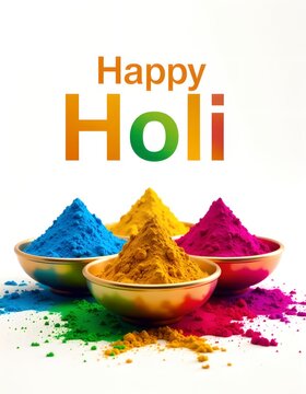 Colorful bowl of powder with the words Happy Holi written above it. Concept of joy and celebration, as the vibrant colors of the powder and the festive text suggest a time of happiness