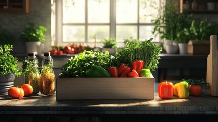 Fresh vegetables and herbs in sunlit kitchen with rustic decor