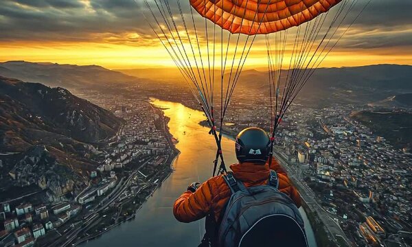 Aerial descent over river valley at sunset with paraglider adventure.