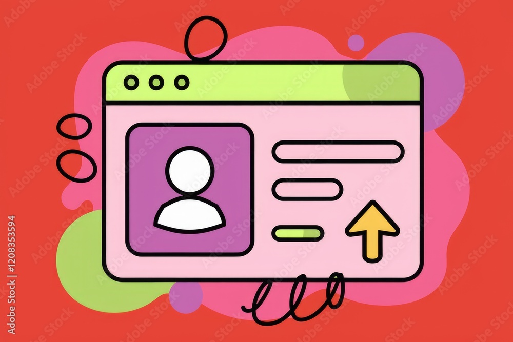Poster Illustration of online profile page with user icon and upload arrow, signifying profile update.