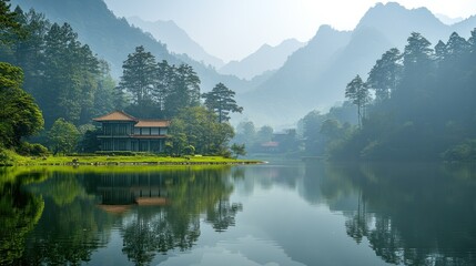 Fototapeta premium Serene Mountain Lake House Reflection