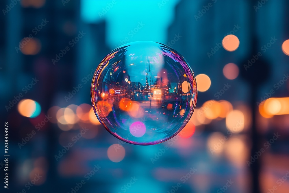Aufkleber single floating bubble reflecting a vibrant city at night with stunning bokeh effect : generative ai