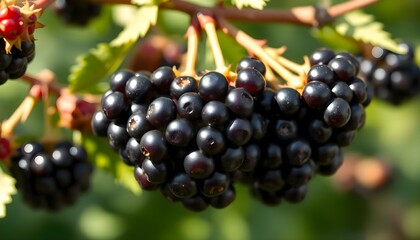 a bunch of black berries hanging from a tree