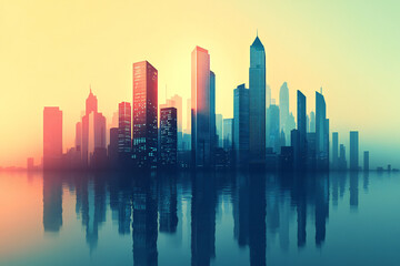 Fototapeta premium Tranquil City Skyline with Sunset Reflections, Modern Architecture, and Pastel Tones Creating a Serene Urban Landscape