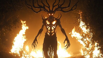 "Cinematic Shot of a Wendigo Amidst a Burning Forest in Monochrome Palette"

