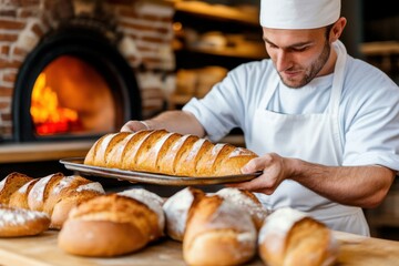 Baker skillfully removes a tray of golden-brown bread from a brick oven in a cozy kitchen filled with warmth and aroma
