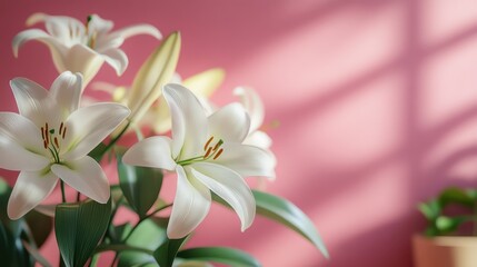 Fototapeta premium Elegant white lilies against a soft pink wall for easter decor and inspiration