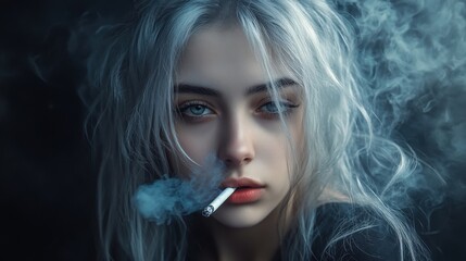 Obraz premium Young woman with platinum hair smoking in moody atmosphere
