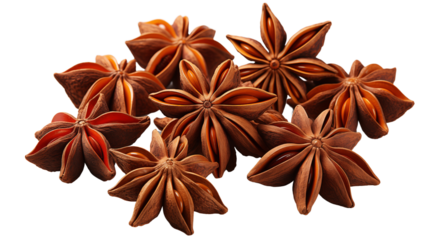 Star anise pod with a distinctive shape, used in culinary dishes and aromatic blends, studio view, isolated on transparent background.