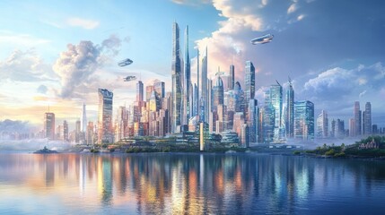 Fototapeta premium Futuristic city skyline with high-tech buildings and flying vehicles at sunset