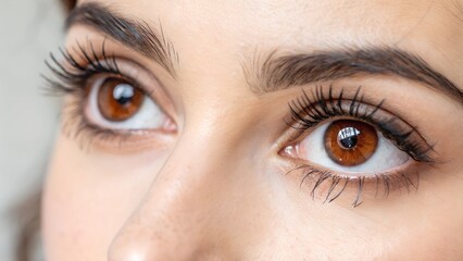Fototapeta premium A close-up of warm brown eyes with long natural lashes. The composition emphasizes the intricate details of the iris and the softness of the lashes.