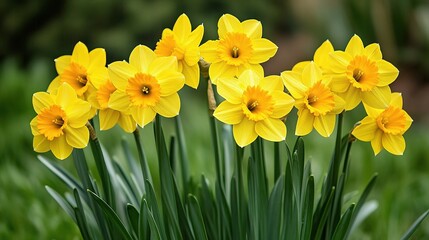 Obraz premium Bright Yellow Spring Flowers in Green Meadow Background