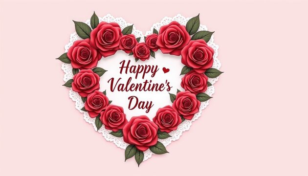 The heart-shaped arrangement of red roses and white lace around the center of the image says "Happy Valentine's Day". Be my valentine. "valentines day background"