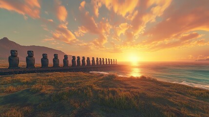 Sunset at ahu tongariki with 15 moai statues on easter island coastline