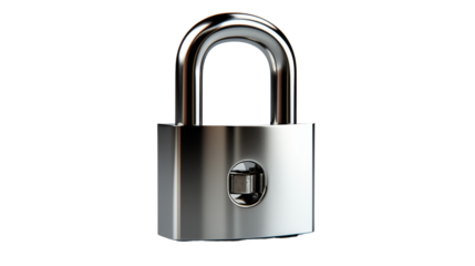 Closeup of a metallic padlock with intricate grooves and a sleek design for maximum security, studio view, isolated on transparent background.