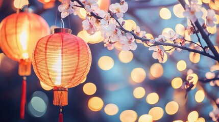 Illuminated red lanterns and blooming cherry blossoms create a serene Chinese New Year atmosphere with glowing bokeh lights in the background. Ideal for festive designs, seasonal promotions