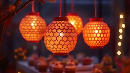 Obraz premium Intricate honeycomb-patterned lanterns hang, emitting a warm, inviting glow. They're suspended near a blurred background of cupcakes, creating a festive, atmospheric scene.