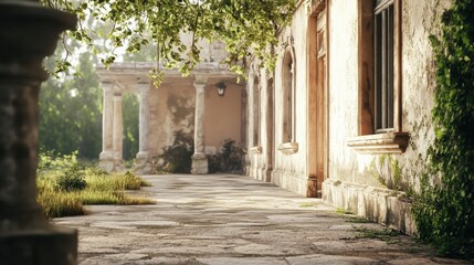 Obraz premium Sunlit stone porch of an abandoned building with overgrown greenery