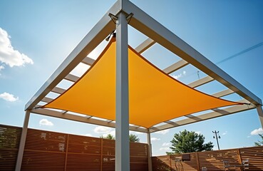 Modern outdoor shelter with bright orange shade sail provides sun protection on terrace patio. Stylish white metal beams, wooden posts support canopy. Design creates relaxing ambiance. Ideal for