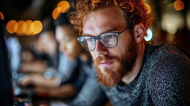 Focused redhead man works on computer at night.