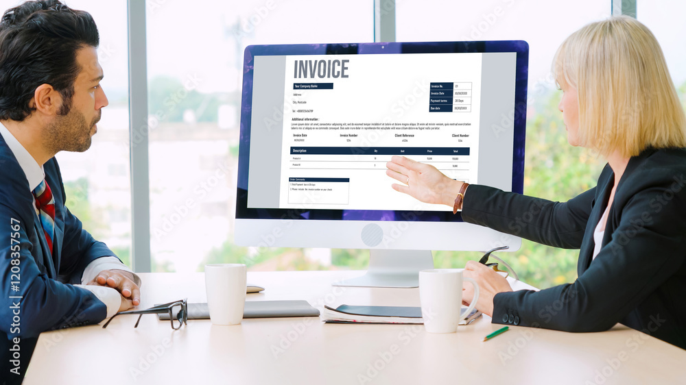 Poster invoice on computer screen from accounting application. computer program for financial and budget of
