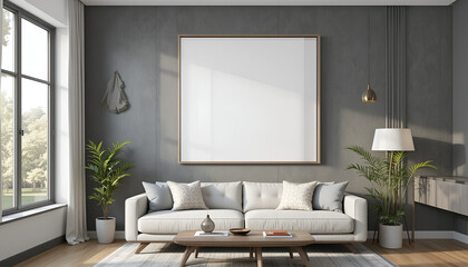 Frame mockup, ISO A paper size. Living room wall poster mockup. Interior mockup with house background. Modern interior design. 3D render
