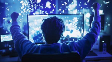 A person celebrates a victory while gaming. Confetti rains down as they raise their arms in triumph, illuminated by vibrant blue light. The scene is energetic and full of excitement.