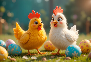 Fototapeta premium Two Cute Chickens with Easter eggs, Easter illustration, 3d