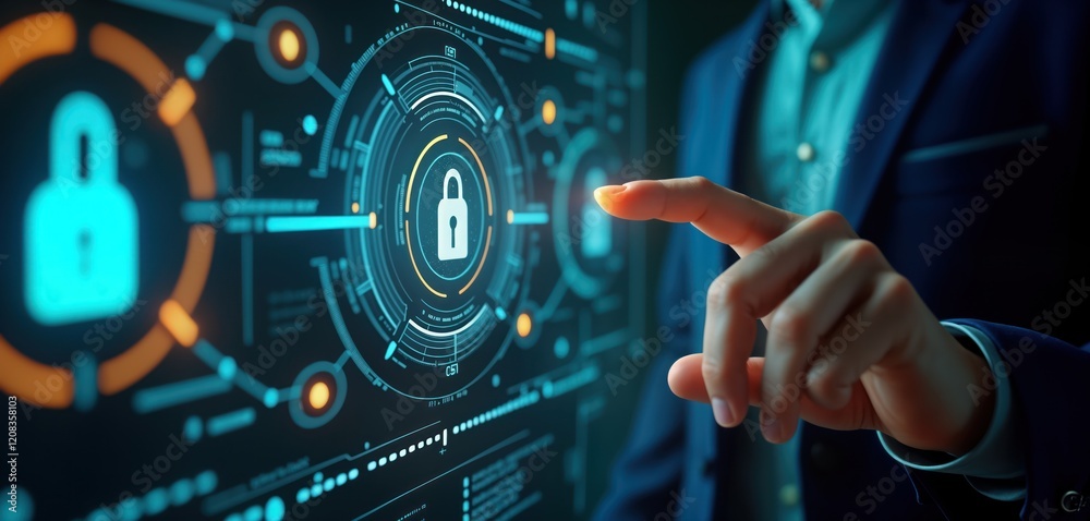 Poster person interacts with futuristic digital access control interface. holographic security features hig