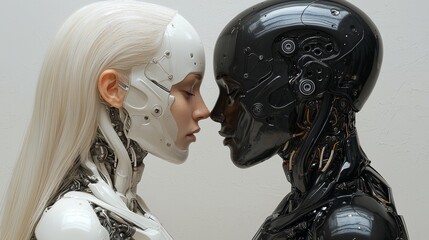 Fototapeta premium Two futuristic cyborg heads observing each other, isolated on a white background. 3D Render