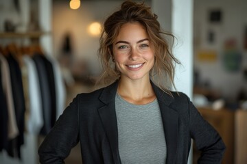 Fototapeta premium Happy businesswoman confidently standing in her boutique with flowers