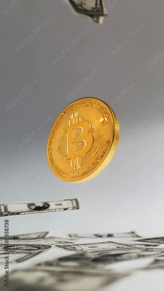 Poster gold bitcoin coin hovering amidst falling one dollar bills, representing the connection between cryp