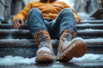 A person sitting on snowy steps, perfect for winter scenes or cold weather themes