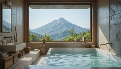 Bathroom scenery with green mountain outside window and Japanese hot spring bath