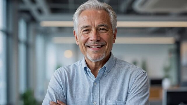 A confident old man smiling and crossing his arms in a professional office environment.Success and institutionalization. 01-1.