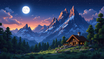 A pixel art representation of a mountain landscape at night, featuring a cabin in the foreground and a full moon in the sky. Pixel art background, pixel art wallpaper