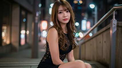 階段に佇む黒レースドレスの女性の洗練された魅力