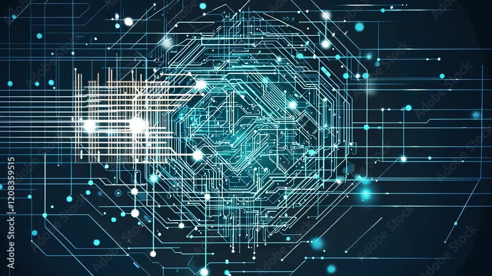 Poster Video with amesmerizing world of technology and connectivity through a captivating visual journey captured in the image. The glowing blue circuit board, with intricate lines and dots