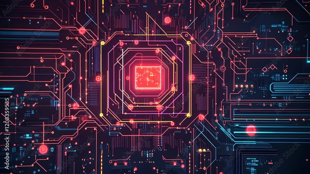 Poster Video with the mesmerizing realm of technology with an abstract depiction of a vibrant circuit board in the image. The glowing red and blue lines intertwine on a black backdrop