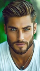Obraz premium A captivating portrait of a handsome man with striking blue eyes and a well-groomed beard, highlighting facial symmetry and intense expression against a blurred natural backdrop.