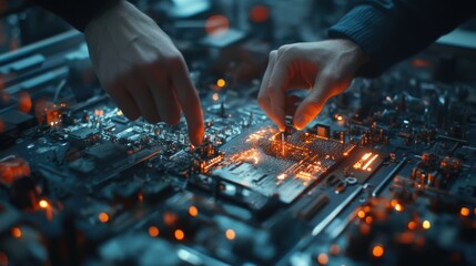 Two electronics engineers are working on a complex electronic circuit board, installing a microchip and testing its functionality in a research and development setting