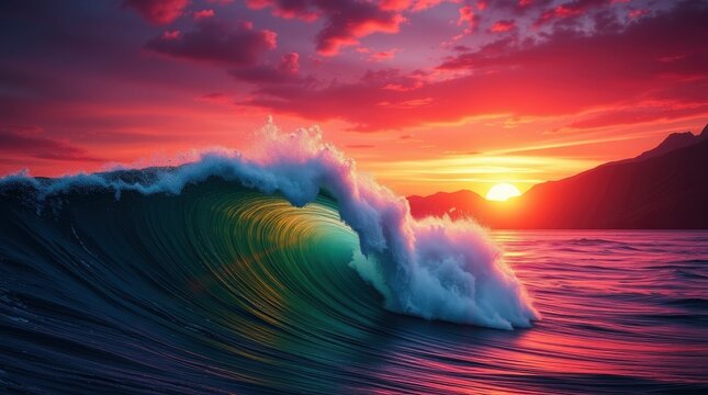 Dramatic Ocean Wave Sunset Landscape Photography