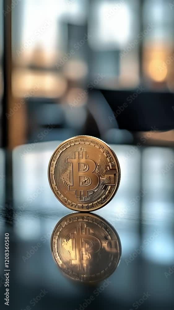Poster golden bitcoin standing on a reflective surface, representing investment in cryptocurrency and the f