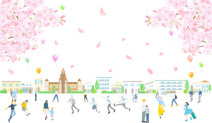 桜と風船ー可愛い街並みと人々の歩く風景ベクターイラスト春の背景素材 © MerciArtworks