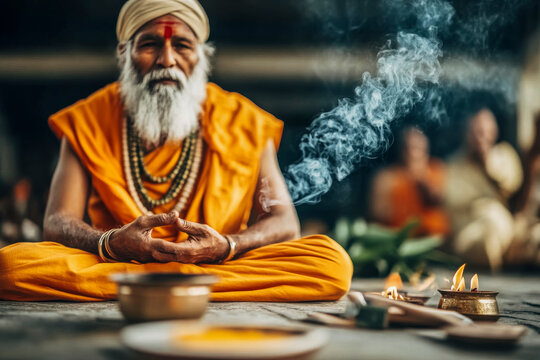 Peaceful meditation of a hindu sadhu ascetic in spiritual setting