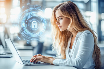 Professional businesswoman working on laptop with technology interface in modern office