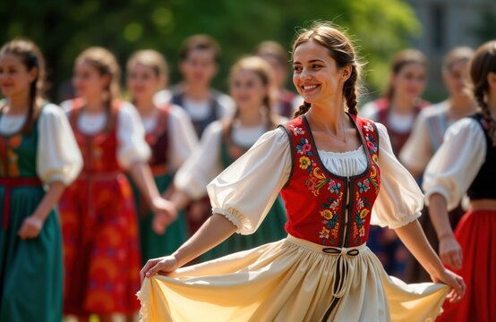 Women in traditional Romanian folk costumes dance joyfully. Celebration of culture, heritage. Group performance vibrant embroidery, lace work. Energetic dance movement. Festival atmosphere.