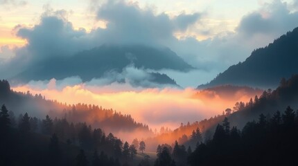 Fototapeta premium Golden Sunrise Mountain Landscape Foggy Forest Scene
