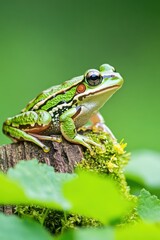 Naklejka premium Frog perched on dark brown tree stump with golden-green moss and tiny wildflowers in a serene forest setting